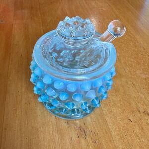Vintage Fenton Blue Opalescent Pointed Hobnail Mustard Jam Jar with Spreader 3pc